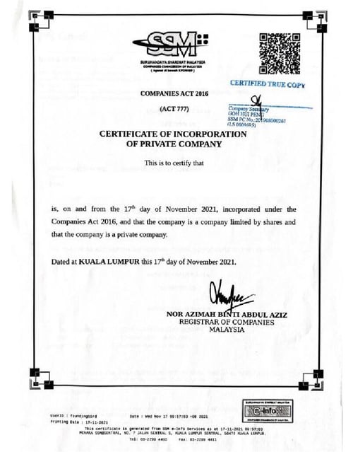 Company Certificate ROC (SSM Form 9)